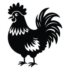 Black Rooster Silhouette Vector, Elegant Rooster Illustration, Chicken Line Art, and Bird on a Branch Design