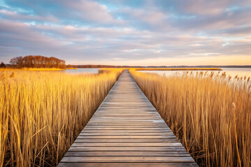 Obraz premium Path to Serenity: A weathered wooden pier stretches out across a tranquil lake, flanked by tall golden reeds, towards a distant island bathed in the warm light of a serene sunset.