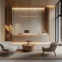 Fototapeta premium A modern reception area featuring chairs and a table