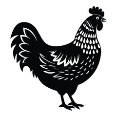 Black Rooster Silhouette Vector, Elegant Rooster Illustration, Chicken Line Art, and Bird on a Branch Design