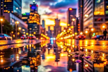 Obraz premium Blurred City Skyline Dusk Photography, Urban Exploration, City Lights Reflections, Night Cityscape