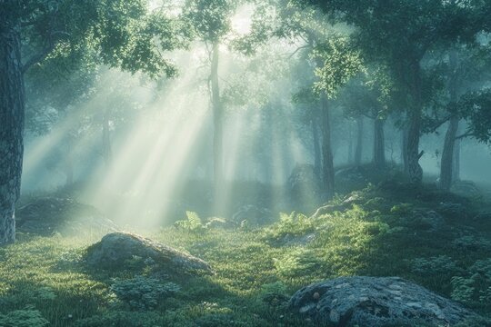 Sunbeams pierce a misty forest, illuminating a tranquil scene of lush greenery and ancient trees.