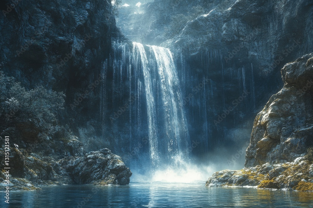 Poster serene waterfall cascading down rocky cliffs into a tranquil pool, bathed in sunlight.