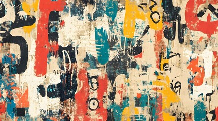 Fototapeta premium A raw and grungy graffiti screen texture with bold, colorful scribbles, spray paint splatters, and worn-out stencil designs. The seamless pattern showcases layers of overlapping tags and distressed