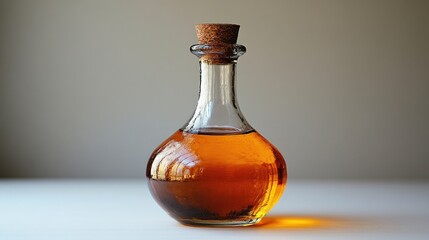 Amber liquid in a glass decanter on a plain background