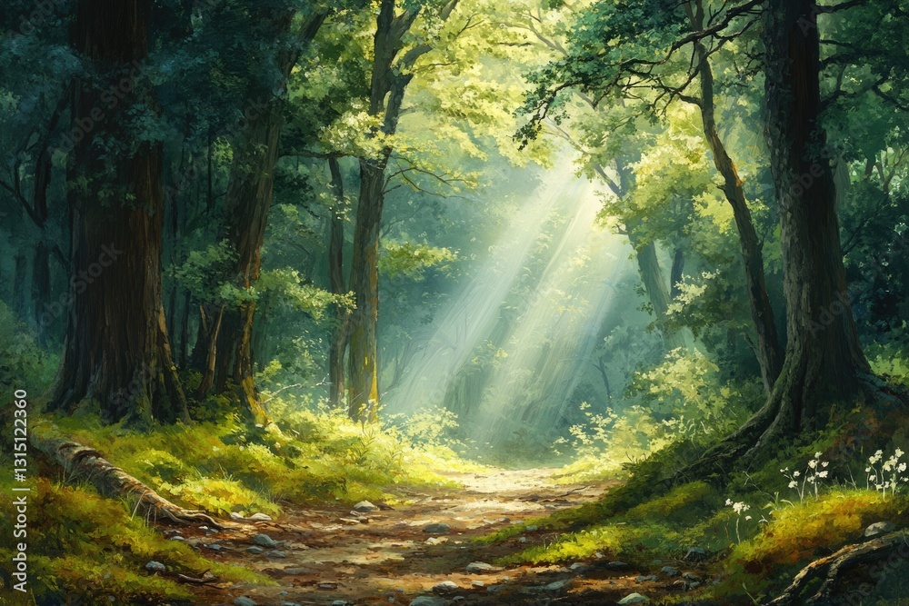 Poster sunbeams pierce a tranquil forest path, illuminating lush greenery and ancient trees.