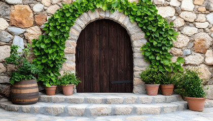 Stone archway entrance with a dark wooden door and potted plants adorn the steps