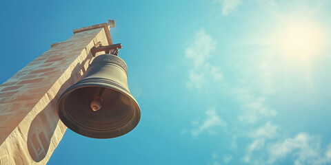 Historic bronze bell tower against bright blue sky with sunlight