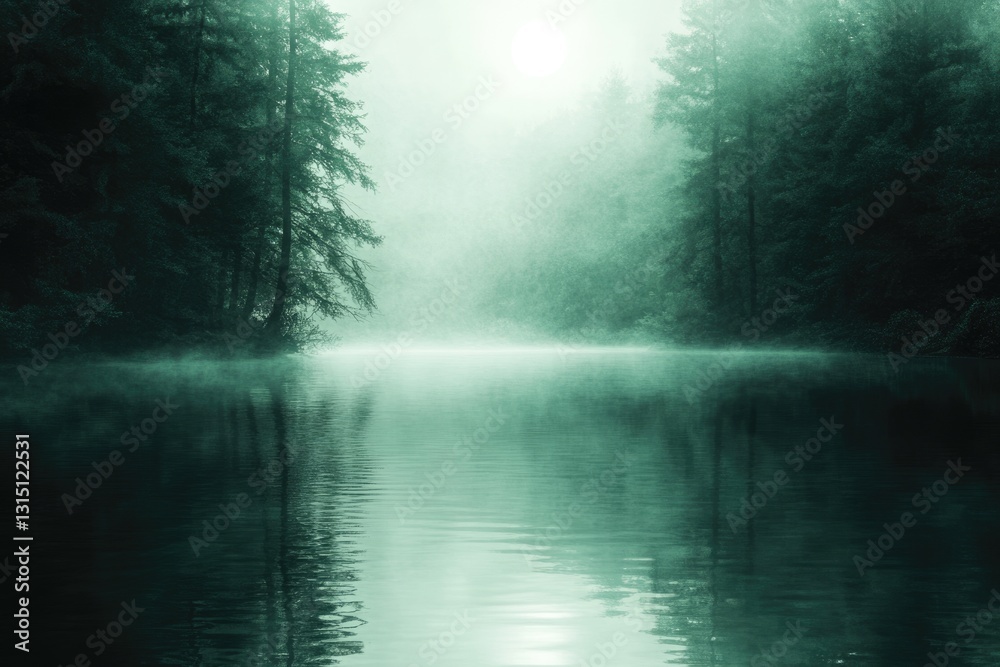 Poster serene misty lake surrounded by lush green forest, creating a tranquil and mystical atmosphere.