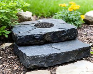 Stone garden steps with medallion detail amidst green plants, stone pavers, and lawn area