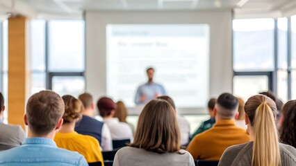 Engaging Presentation: A dynamic presentation unfolds, with audience engaged and a presenter sharing insights, fostering collaboration and idea exchange in a professional atmosphere.