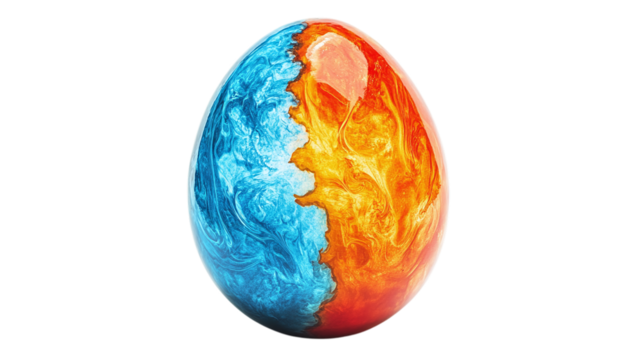 Easter egg painted with a fire and ice split design, bold contrast, isolated on white background --ar 16:9
