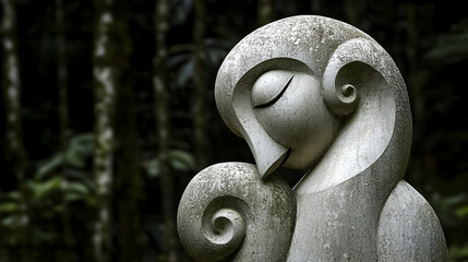 Serene stone sculpture, nestled in a lush forest, evokes tranquility; ideal for meditation or spiritual themes