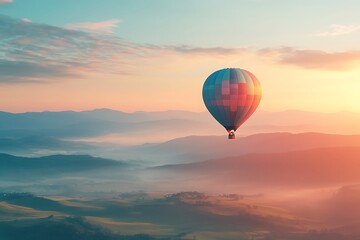 Fototapeta premium Hot Air Balloon Over Misty Mountains at Sunrise