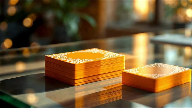Vibrant orange playing cards stacked on a reflective surface