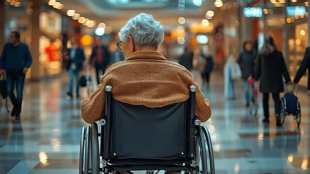 Elderly person in wheelchair at shopping mall; public access; social inclusion; potential use in marketing/social campaigns