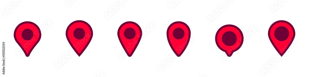 Poster a series of red map pins showing different design stages. each pin has a distinct style variation.