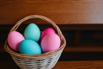 Naklejka premium Pastel-colored easter eggs nestled in a wicker basket, placed on wooden steps, creating a festive springtime scene