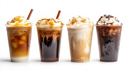 Variety of iced coffee drinks in plastic cups  latte, caramel, black coffee and more