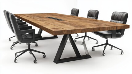 A conference room with a large wooden table and office chairs on a white isolated background