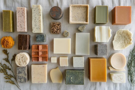 A collection of artisan soaps in various shapes, sizes, and colors, displayed on a light beige fabric.