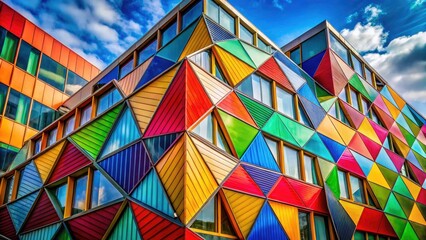 Fototapeta premium Colorful Abstract Polygon Architecture: Geometric Building Facade, Modern Design, Vivid Hues, Architectural Photography