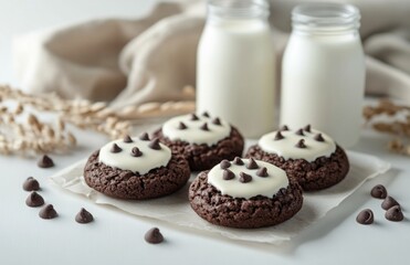 Cookies with chocolate chips and milk bottles on white table background