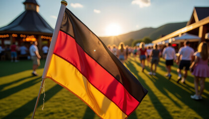 German flag at outdoor festival during sunset
