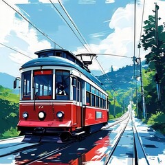 an AI Image Generator, Vintage Cable Car in Scenic Mountain Landscape