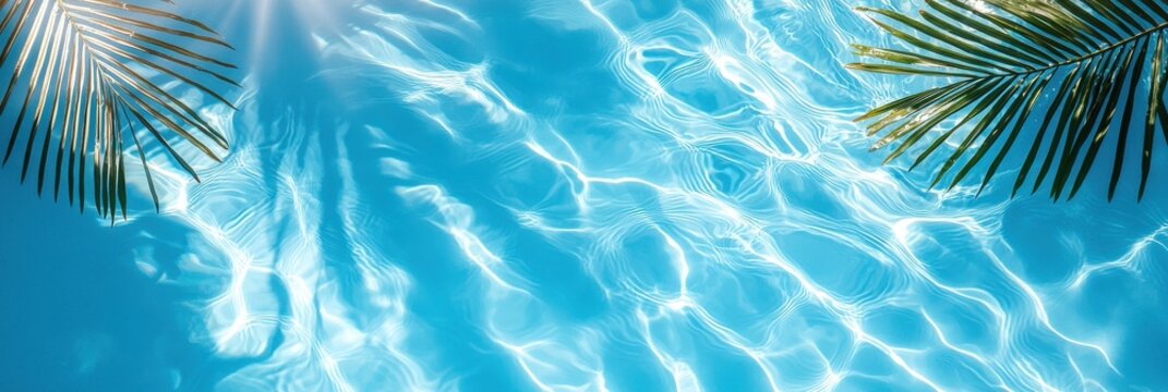 A blue pool with palm trees in the background