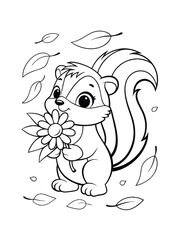 Fototapeta premium A cute cartoon skunk holds a daisy amidst falling autumn leaves. Its a black and white line drawing, perfect for coloring
