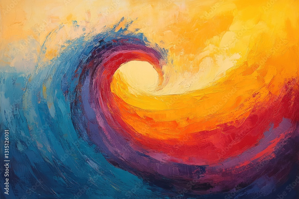 Poster vibrant abstract painting depicting a swirling wave, transitioning from cool blues to warm oranges a