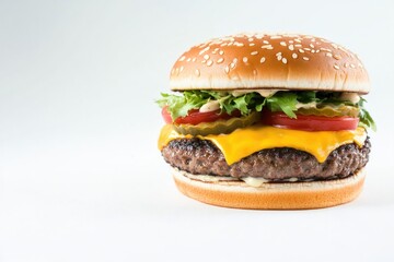 eye-catching photo of delicious double cheeseburger with melting cheese and fresh toppings on pristine white background