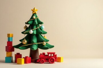 Festive Holiday Scene with Miniature Christmas Tree, Colorful Blocks, and Toy Train