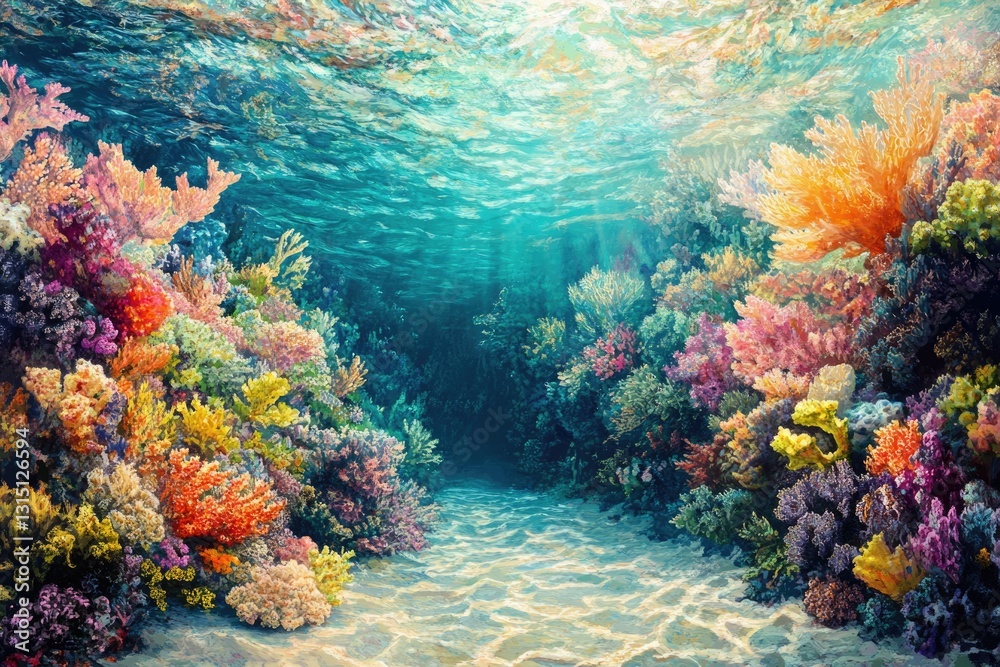 Poster vibrant underwater scene showcasing a diverse array of colorful corals and clear, sunlit water.