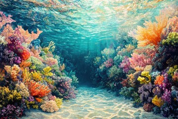 Fototapeta premium Vibrant underwater scene showcasing a diverse array of colorful corals and clear, sunlit water.