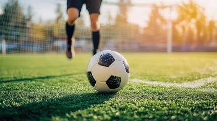Obraz premium A soccer player in motion approaches a ball on a vibrant green field during sunset