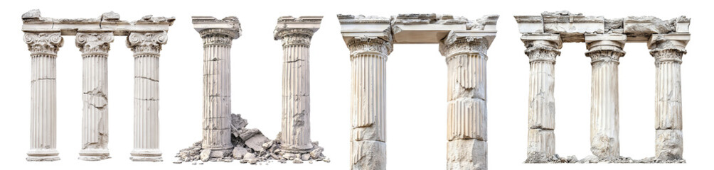Set of ancient stone columns in classical architecture, isolated on transparent cutout background