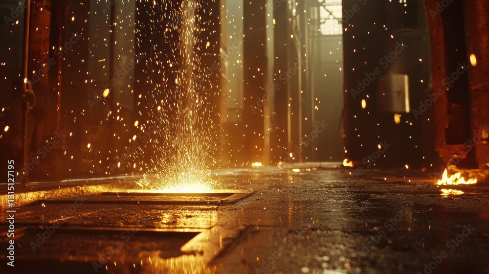 Poster molten metal pours into casting molds, creating a dramatic display of sparks and flames in an indust