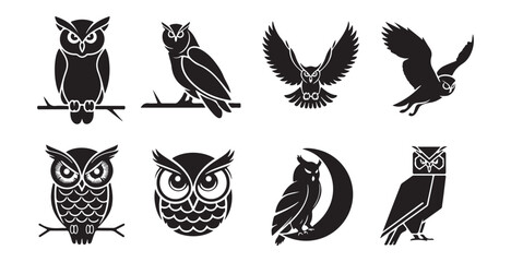 Set of owl with different pose vector silhouette
 Owl silhouettes, Barn owl silhouette, Owl silhouettes vector illustration, Owl clipart. 