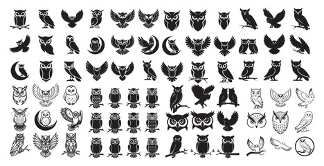 Set of owl with different pose vector silhouette  Owl silhouettes, Barn owl silhouette, Owl silhouettes vector illustration, Owl clipart.  © logodesign11