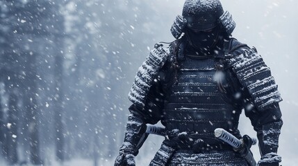 Samurai in Full Armor Walking Through Dense Snowfall