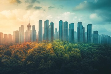 Fototapeta premium A stunning view of an urban skyline set against a vibrant forest, illuminated by sunset glow. This image captures the beauty of nature and city life in harmony.