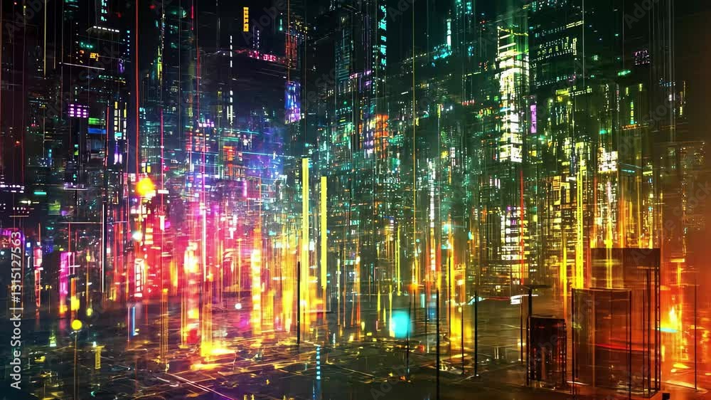 Poster exploring digital data processing through vibrant connection networks in a futuristic landscape, dig