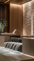 Fototapeta premium A modern interior blends hotel luxury with home comforts, featuring sleek furniture and ample natural light