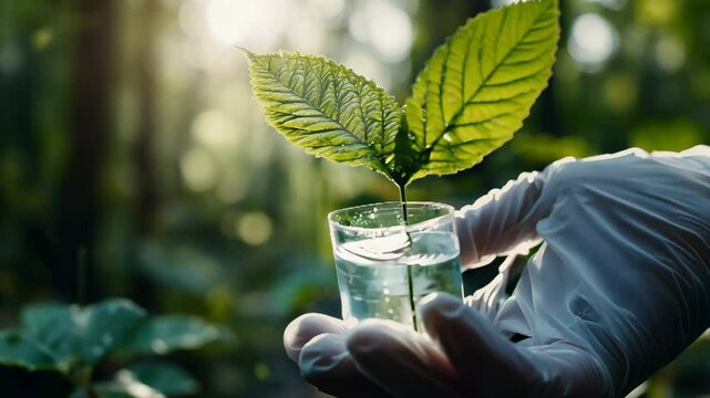 Gloved hand holding seedling in sunlit forest with growth and nature green forestation themes