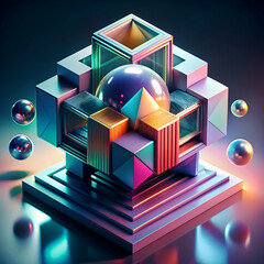 Abstract Geometric Composition. Vibrant Cubes and Spheres in Neon Light