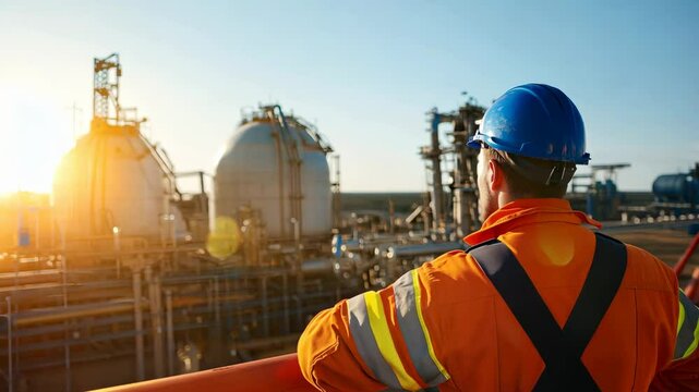 Worker overseeing industrial facility in vibrant sunsetsafety, industry, technology, infrastructure, innovation