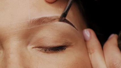 Woman is  on the Eyebrow coloring procedure. Professional lamination procedures of female eyebrows in beauty salon. Closeup view of client face and stylist's hands working.  Beauty care concept. © Valua Vitaly
