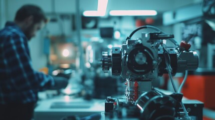 Fototapeta premium Close-up of a mechanical assembly in a workshop with a technician working in the background